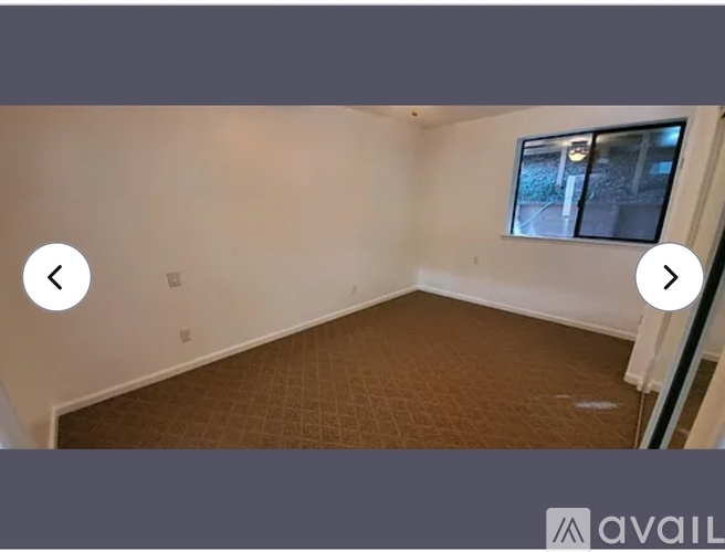 A room with a carpeted floor and a window showing a view of a building outside.