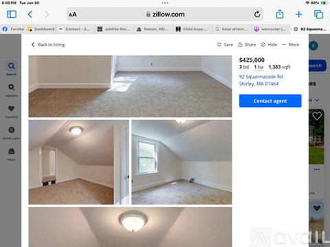 A webpage displays a real estate listing for a property at 92 Squanack Rd, Shirley, MA 01464, priced at $425,000 for 3 bedrooms,