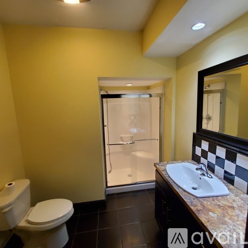 A bathroom with a toilet, sink, and shower.