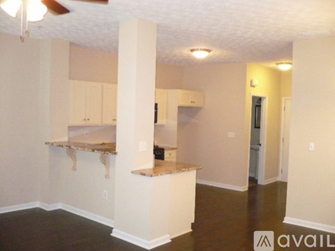 A kitchen area with a counter and cabinets.