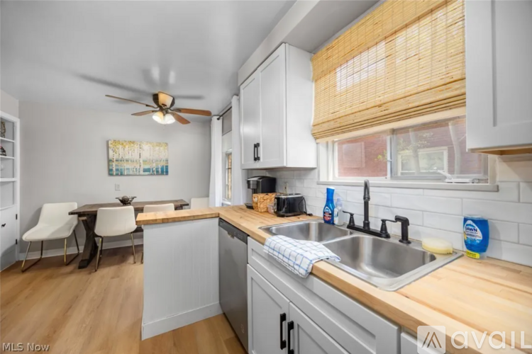 A kitchen with a sink, a table and chairs, and a ceiling fan.