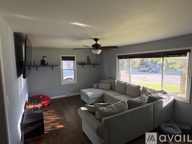 A living room with a grey couch and a ceiling fan.