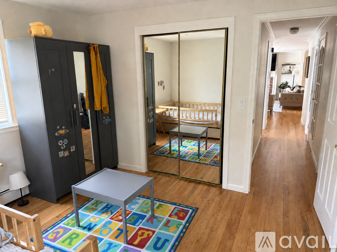 A room with a black wardrobe and a mirrored doorway leading to a bedroom.