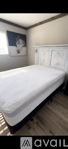 A bedroom with a bed and a picture of a dog on the wall.