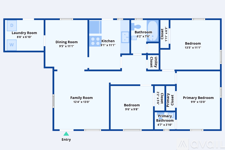 A floor plan of a house with a family room, dining room, kitchen, bathrooms, and bedrooms.