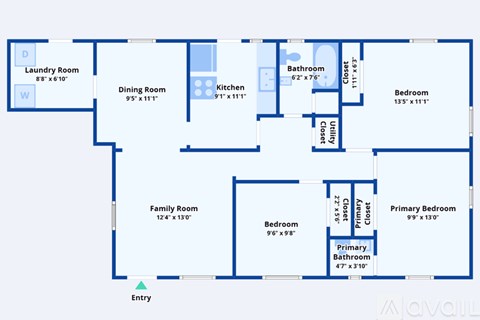 A floor plan of a house with a family room, dining room, kitchen, bathrooms, and bedrooms.