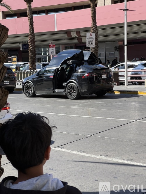 A black car with its trunk open is parked on the side of the road.