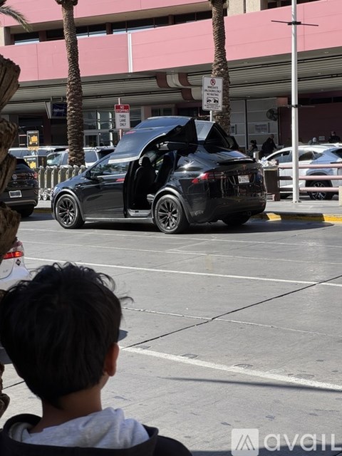 A black car with its trunk open is parked on the side of the road.