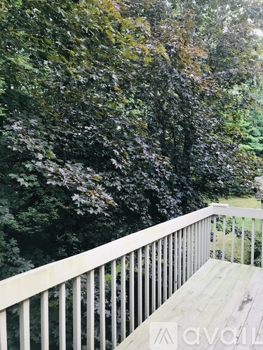 A deck with a railing and trees in the background.