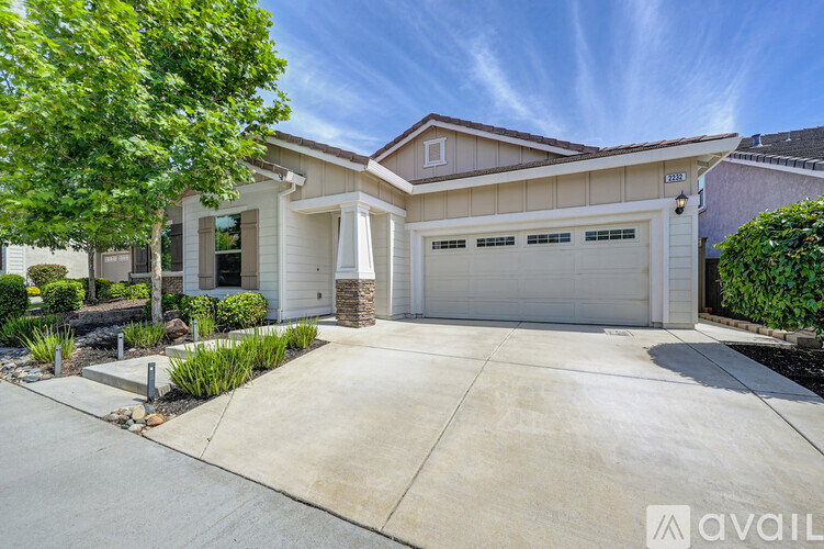 A house with a white garage door and a tree in front.