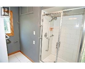 A bathroom with a walk-in shower and a window.