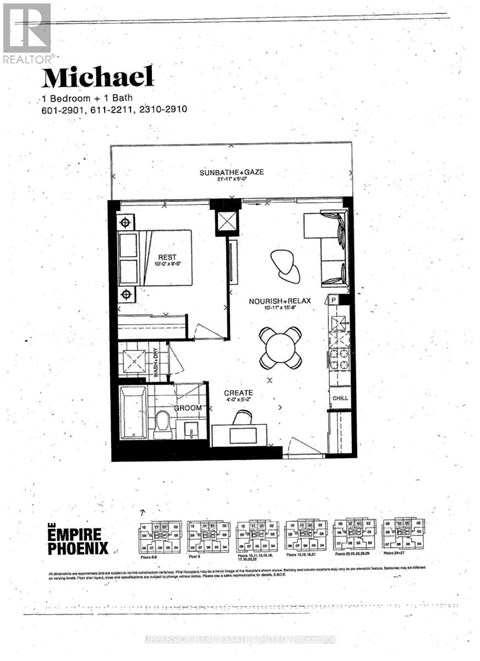 A floor plan for a Michael apartment with a bedroom, bathroom, kitchen, and living room.