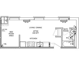 A floor plan of a home with a living room, dining room, kitchen, and bathroom.