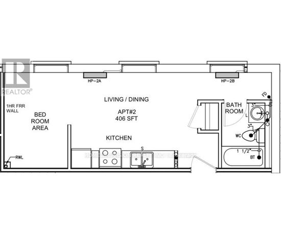 A floor plan of a home with a living room, dining room, kitchen, and bathroom.