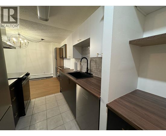 A kitchen with a sink and a refrigerator.