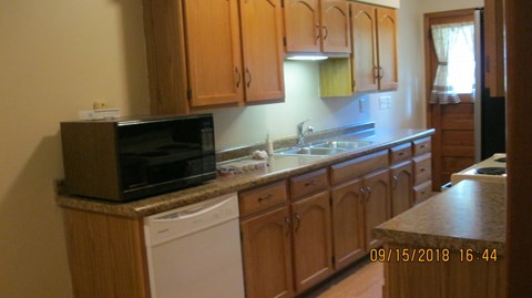 A kitchen with wooden cabinets and a microwave on top of the dishwasher.