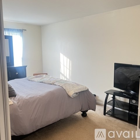 A bedroom with a bed, a dresser, and a television.