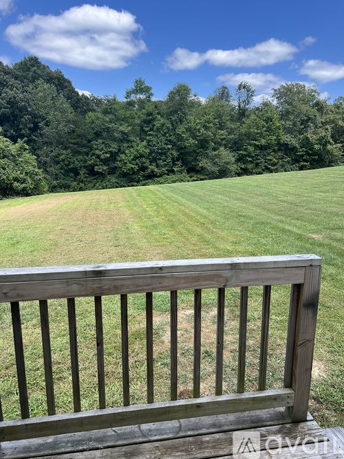 A wooden bench overlooks a grassy field with trees in the distance.
