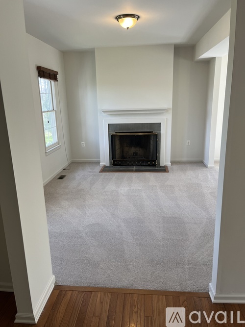 A living room with a fireplace and a carpet.