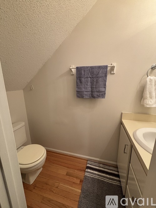A bathroom with a toilet, sink, and towel rack.
