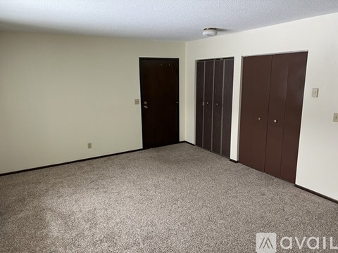 A room with a carpeted floor, a door, and a wall with two brown lockers.