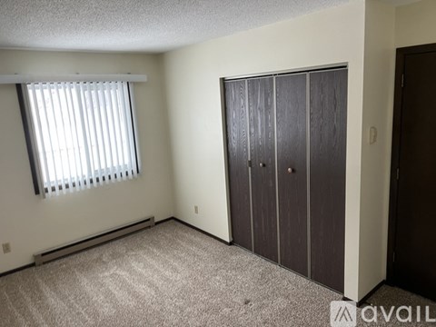 A bedroom with a large closet and a window with blinds.