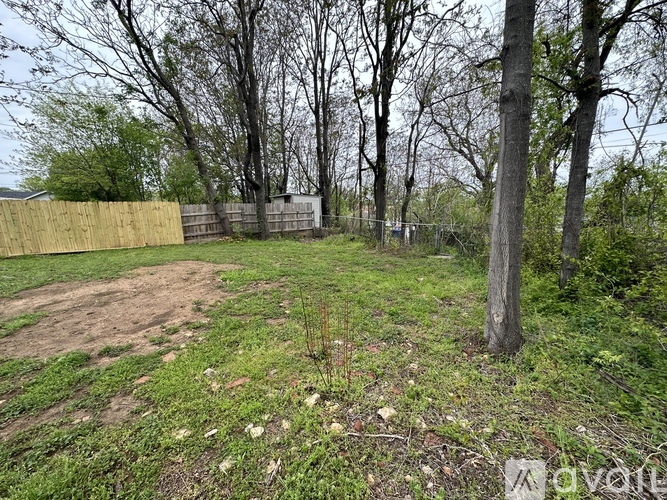 A dirt path leads through a grassy area with trees and a fence in the background.