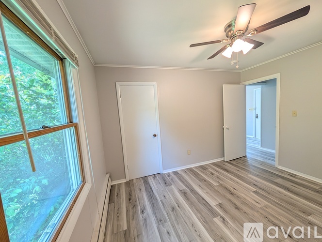 A room with a ceiling fan and a window overlooking trees.