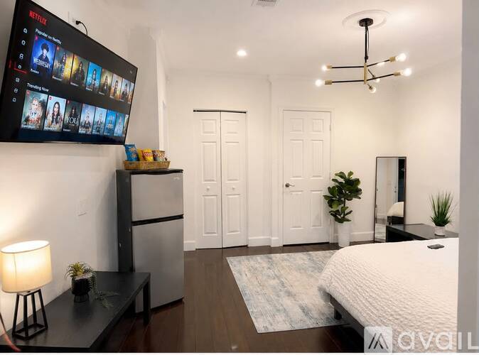 A bedroom with a bed, a TV, a dresser, and a plant.