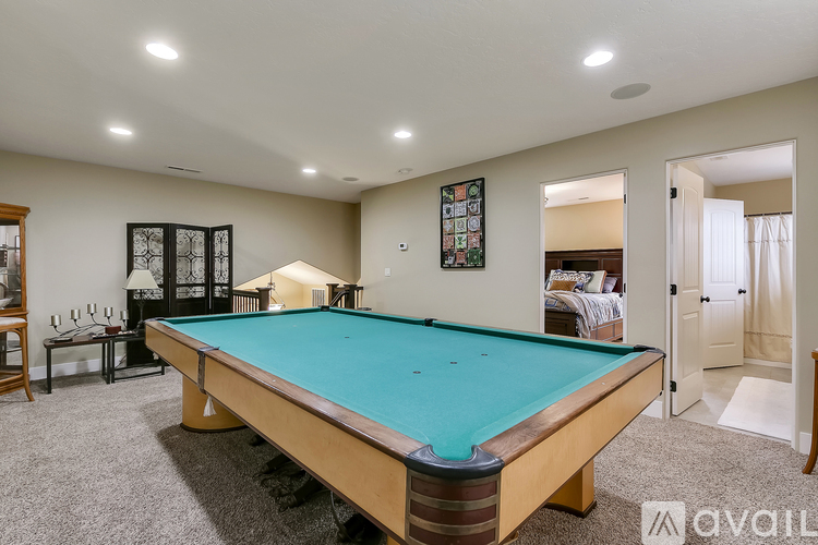 A pool table in a room with a carpeted floor and a door.