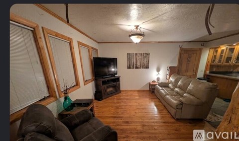 A living room with a brown couch and a television.