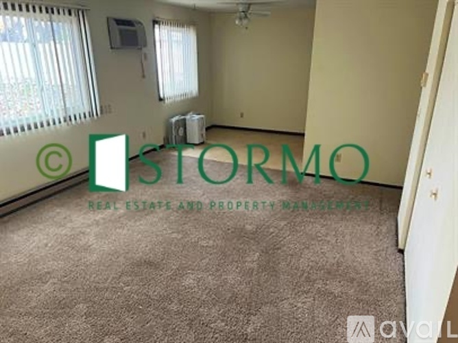 A carpeted room with a window and a fan, managed by STORMO Real Estate and Property Managers.