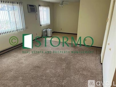 A carpeted room with a window and a fan, managed by STORMO Real Estate and Property Managers.