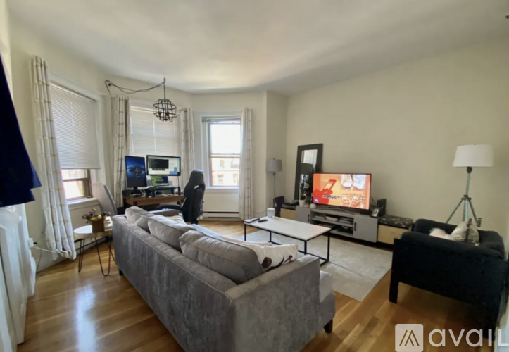 A living room with a grey couch and a television.