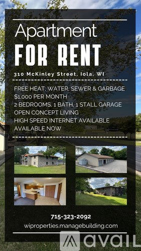 Apartment for rent flyer with contact information and images of the apartment.