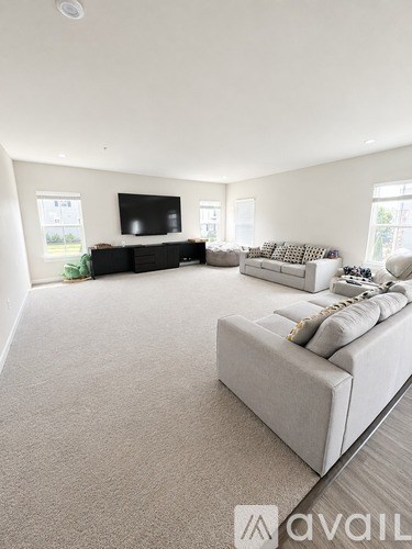 A living room with a grey sofa and a black television.