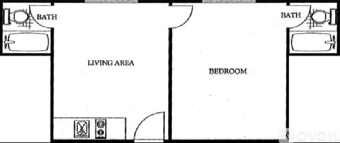 A floor plan shows a living area, a bedroom, and two bathrooms.