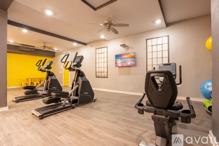 A gym with a row of treadmills and a row of stationary bikes.