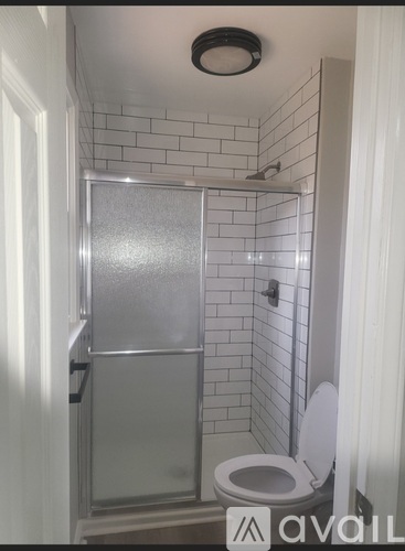 A bathroom with a toilet and a glass shower door.