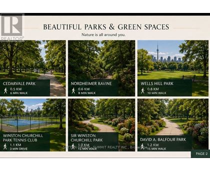 A brochure showcasing various parks and green spaces with their respective distances and walking times.