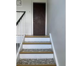 A brown door is at the end of a staircase with a white railing.