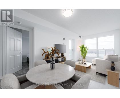 A modern living room with a dining table and chairs.