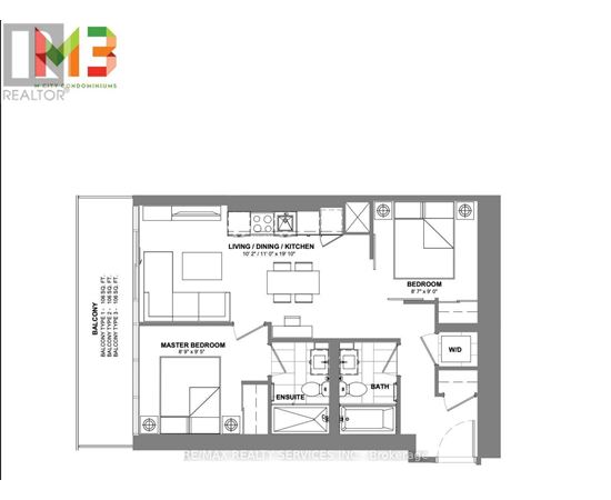 A floor plan of a residential property with a balcony and a master bedroom.