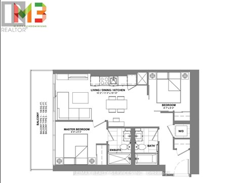A floor plan of a residential property with a balcony and a master bedroom.