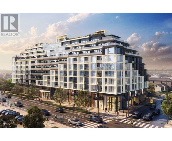 A modern multi-story building with the words "Grand Vista Realty" on the front.
