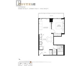 A floor plan for a suite with a balcony, kitchen, and bathroom.