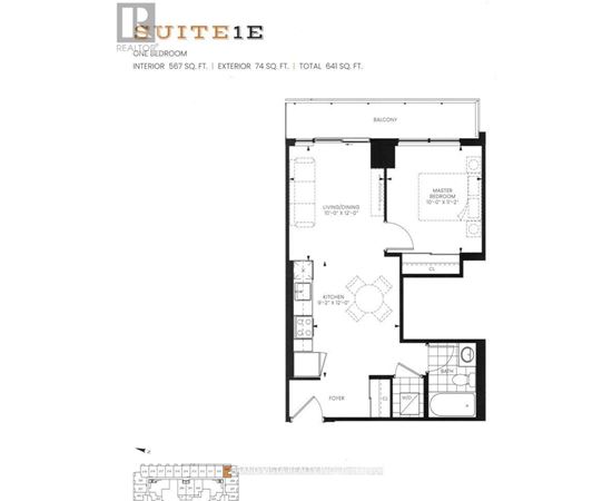 A floor plan for a suite with a balcony, kitchen, and bathroom.