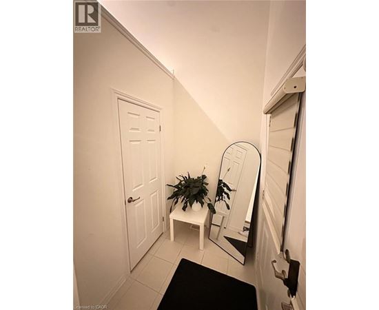 A white door with a mirror and a potted plant on a white table.