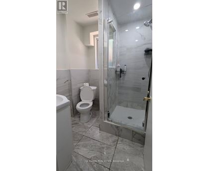 A bathroom with a toilet, sink, and walk-in shower.