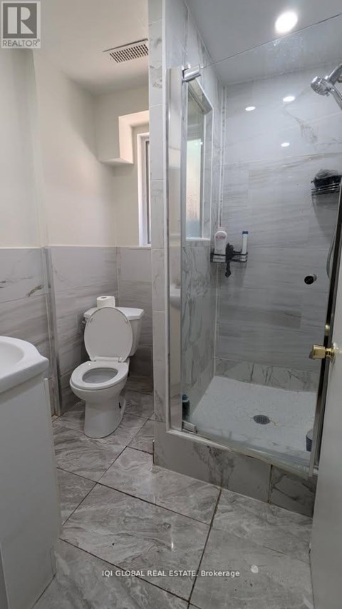 A bathroom with a toilet, sink, and walk-in shower.
